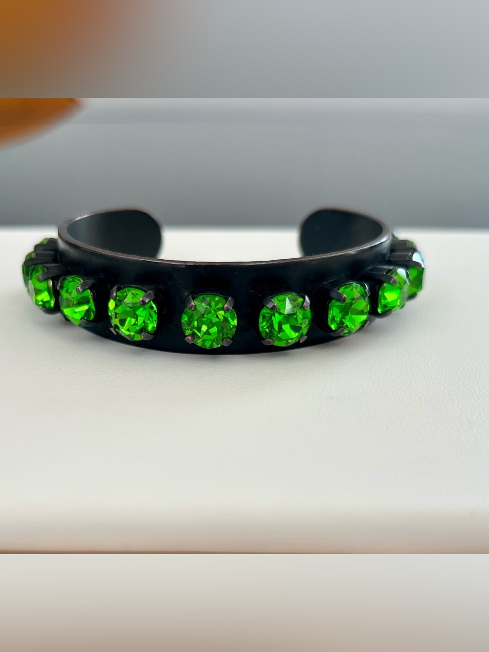 TOVA Nyon Bracelet Emerald Green Crystal Adjustable Black Tone Cuff